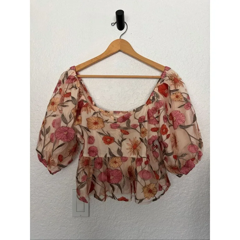 Saltwater Luxe Floral Embroidered Cropped Peplum Top in Beige Multi Size L